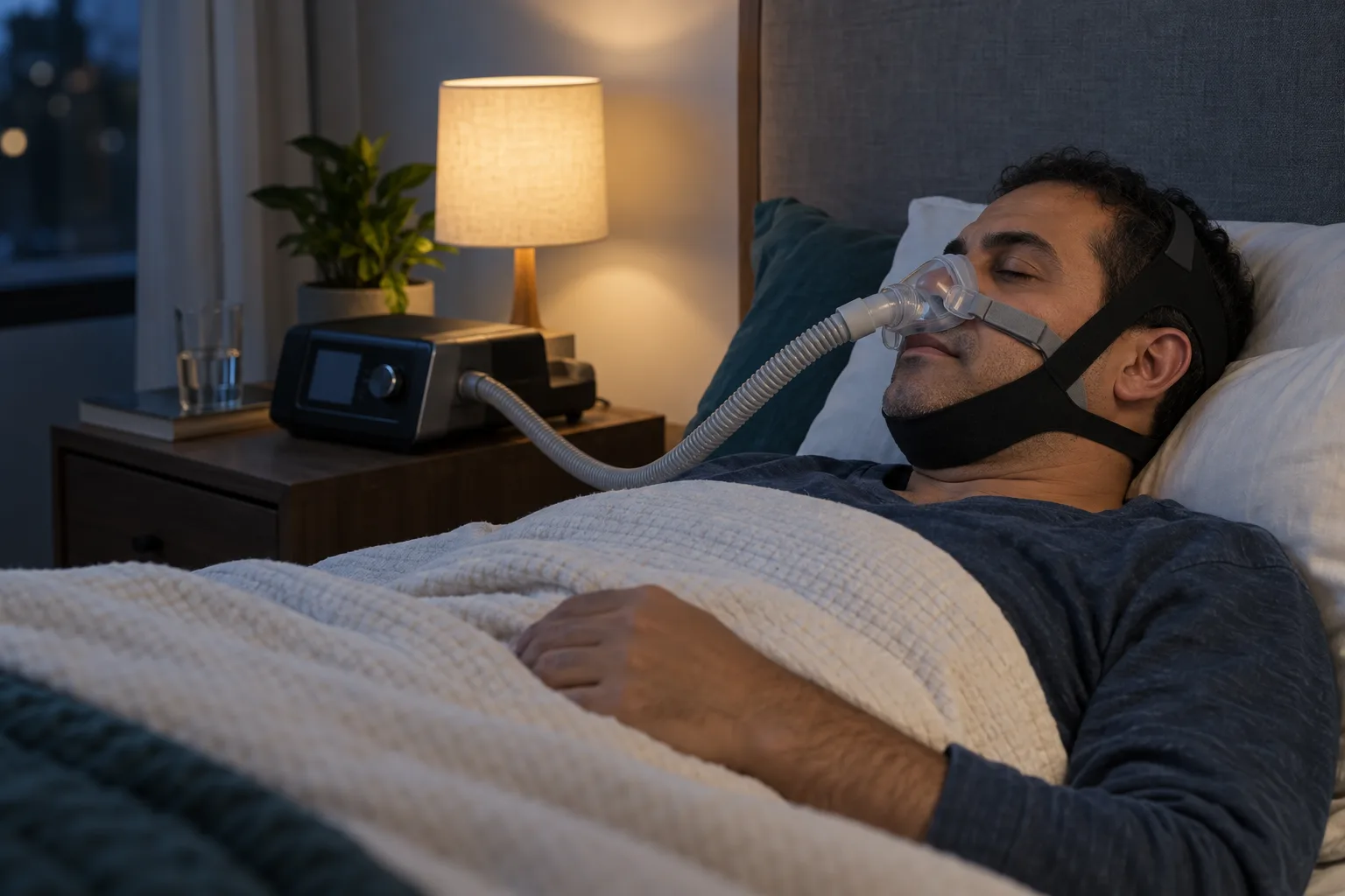 مستخدم CPAP يرتدي ماسكًا أنفيًا وحزام ذقن لتقليل تسريب الهواء من الفم