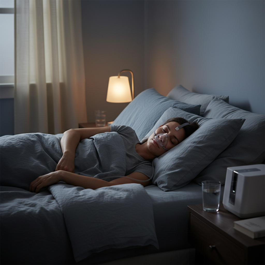 شخص نائم بهدوء في سرير مع قناع CPAP خفيف، في غرفة نوم هادئة.