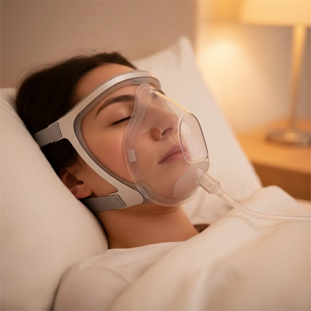 ماسك CPAP بجوار جهاز التنفس مع توضيح موضع الوسادة والأربطة