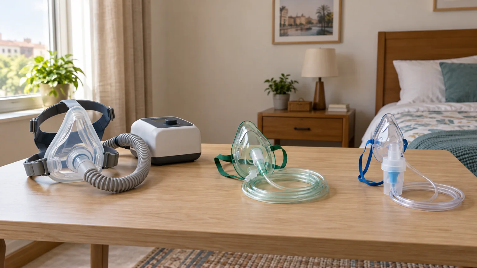 ماسك CPAP وماسك أكسجين وماسك نيبولايزر موضوعون منفصلين للمقارنة بين الاستخدامات