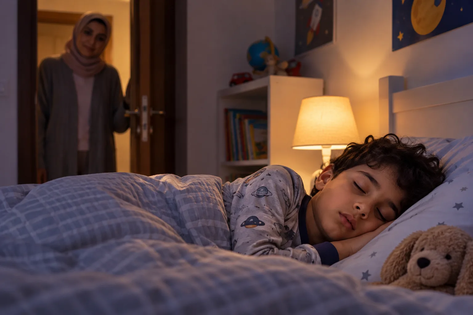 طفل نائم على جانبه ووالدته تراقب تنفسه بهدوء