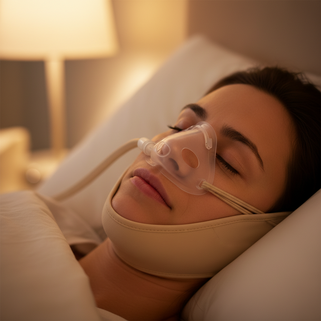 شخص يرتدي قناع CPAP أنفي مع حزام ذقن أثناء النوم