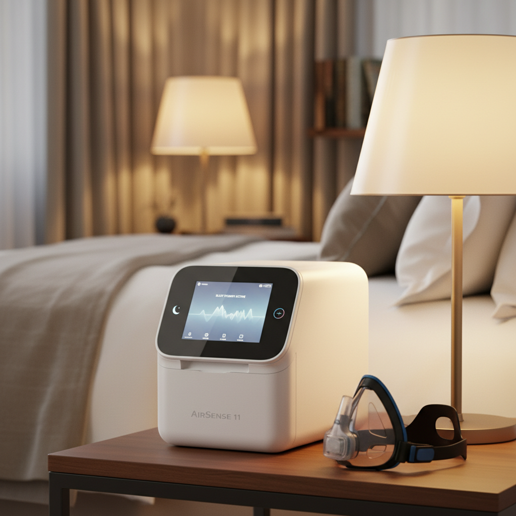 جهاز CPAP AirSense 11 على منضدة بجانب السرير مع ماسك CPAP