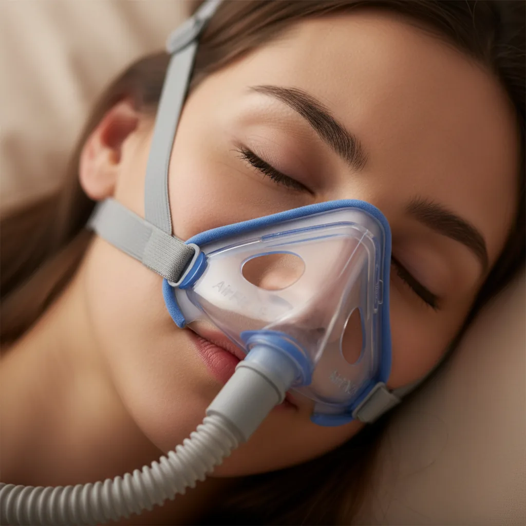 جهاز CPAP أو BiPAP بجوار السرير مع الخرطوم والماسك جاهزين للاستخدام مع تفاصيل الاستخدام العملي