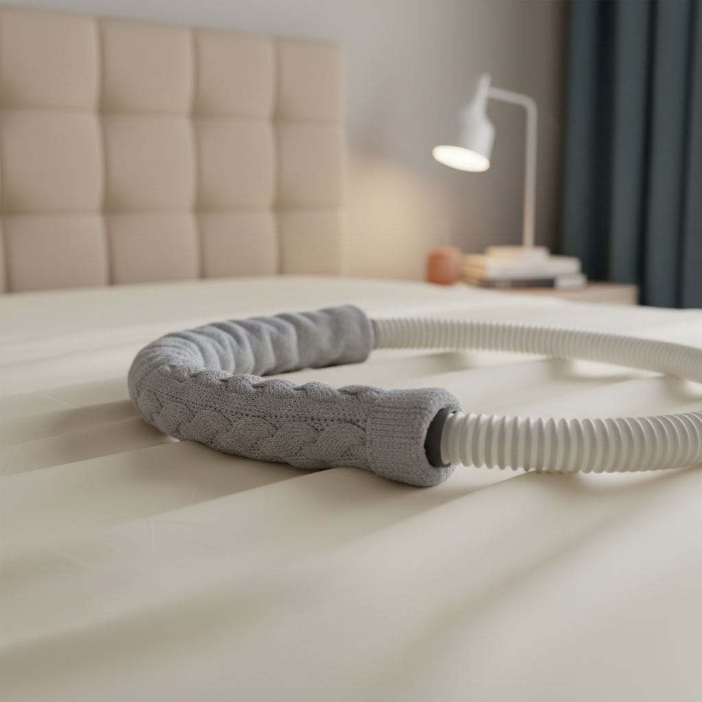 غطاء خرطوم CPAP قماشي ناعم ملفوف حول خرطوم جهاز CPAP على سرير