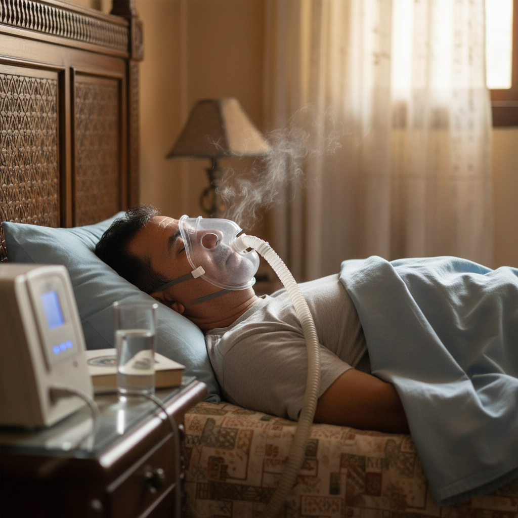 مستخدم يراجع ماسك CPAP والمرطب بسبب جفاف الفم أثناء النوم.