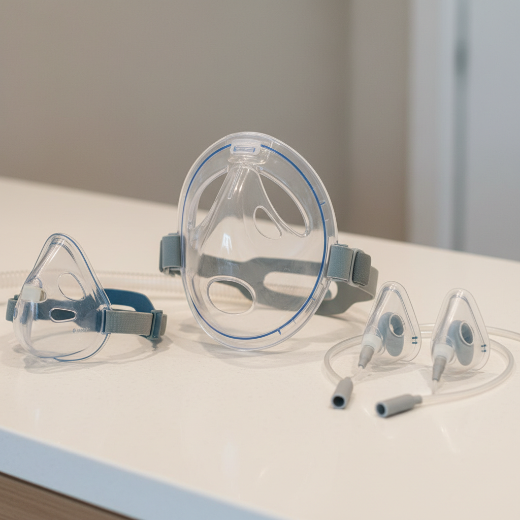 مجموعة متنوعة من أقنعة CPAP (أنفية، وسائد أنفية، وجه كامل) معروضة