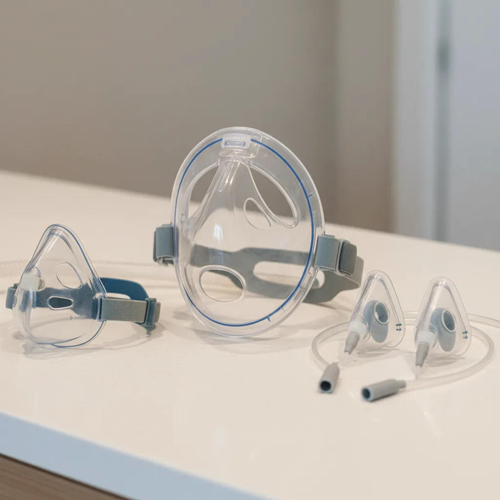 جهاز CPAP أو BiPAP بجوار السرير مع الخرطوم والماسك جاهزين للاستخدام مع تفاصيل الاستخدام العملي
