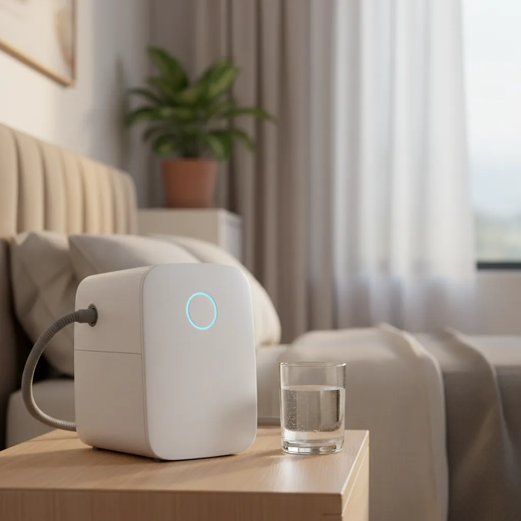 جهاز CPAP أو BiPAP بجوار السرير مع الخرطوم والماسك جاهزين للاستخدام