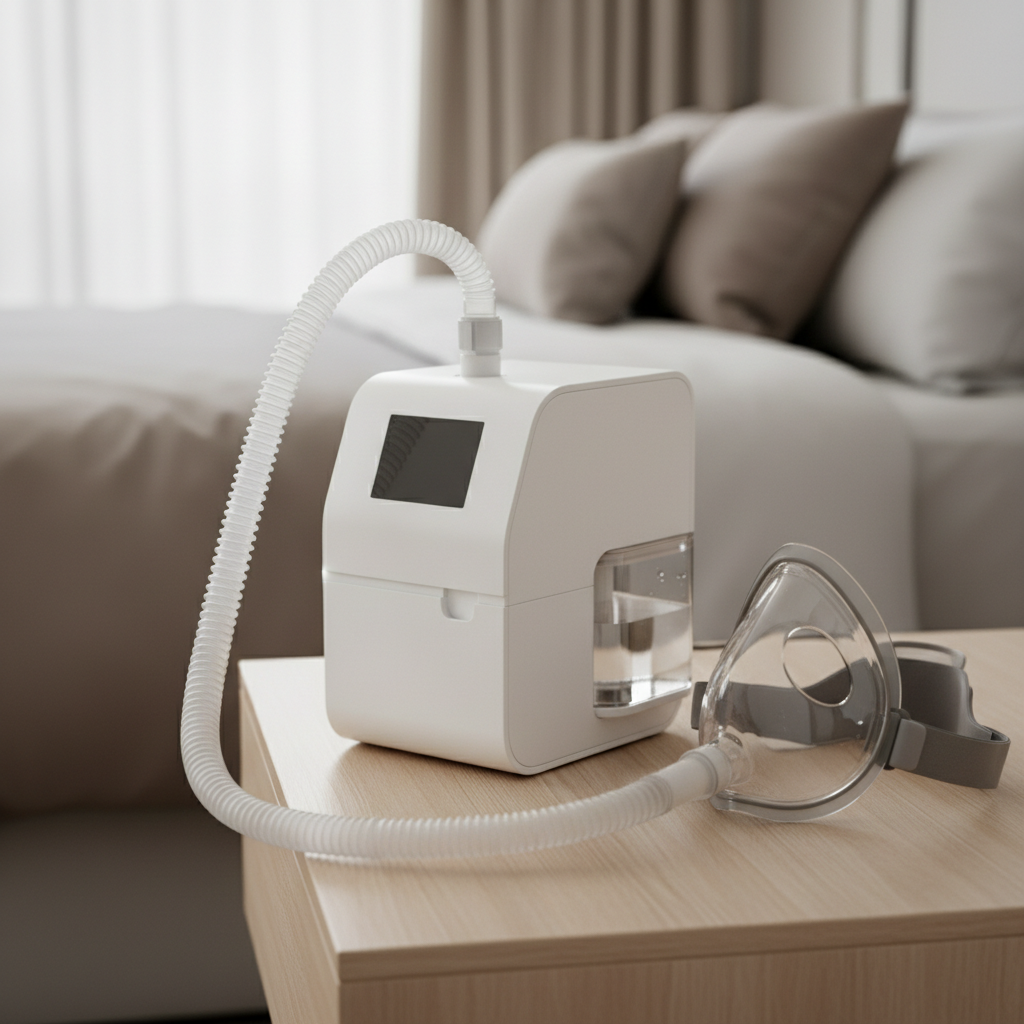جهاز CPAP كامل مع قناع وأنبوب ومرطب على منضدة بجانب السرير
