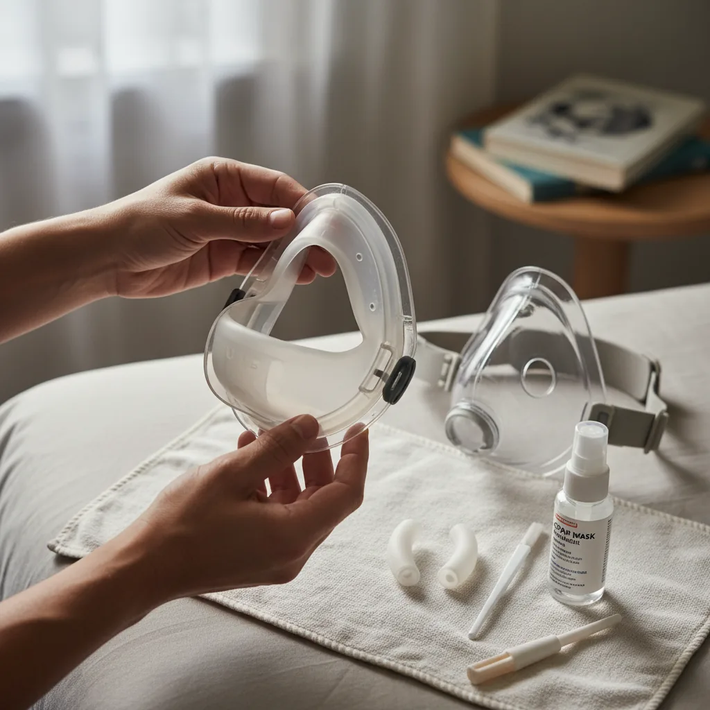 ماسك CPAP وخرطوم بجانب السرير