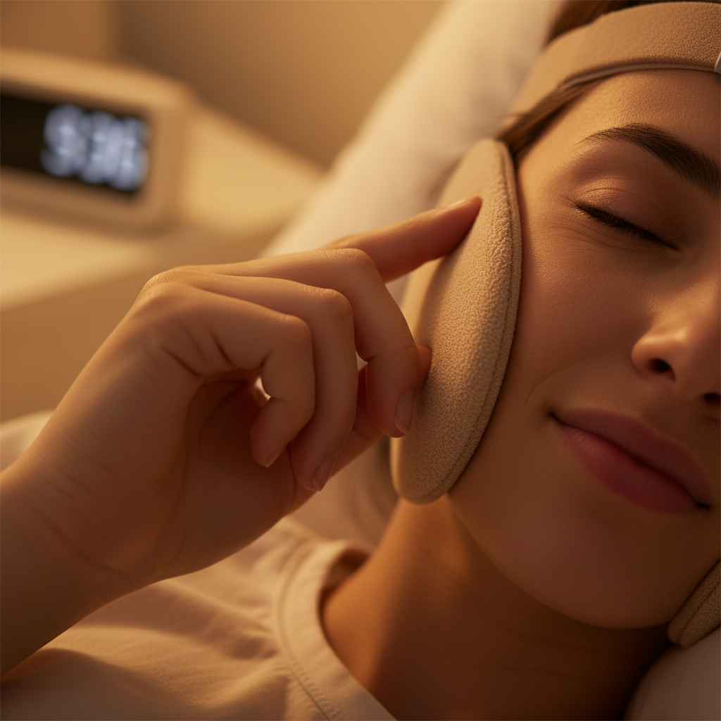 يد تضبط قناع CPAP مع غطاء حزام ناعم على جانب الوجه