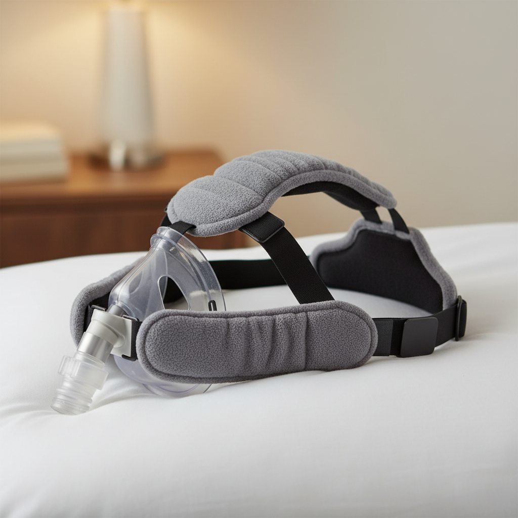 قناع CPAP مع أغطية أحزمة رمادية ناعمة مثبتة على وسادة بيضاء