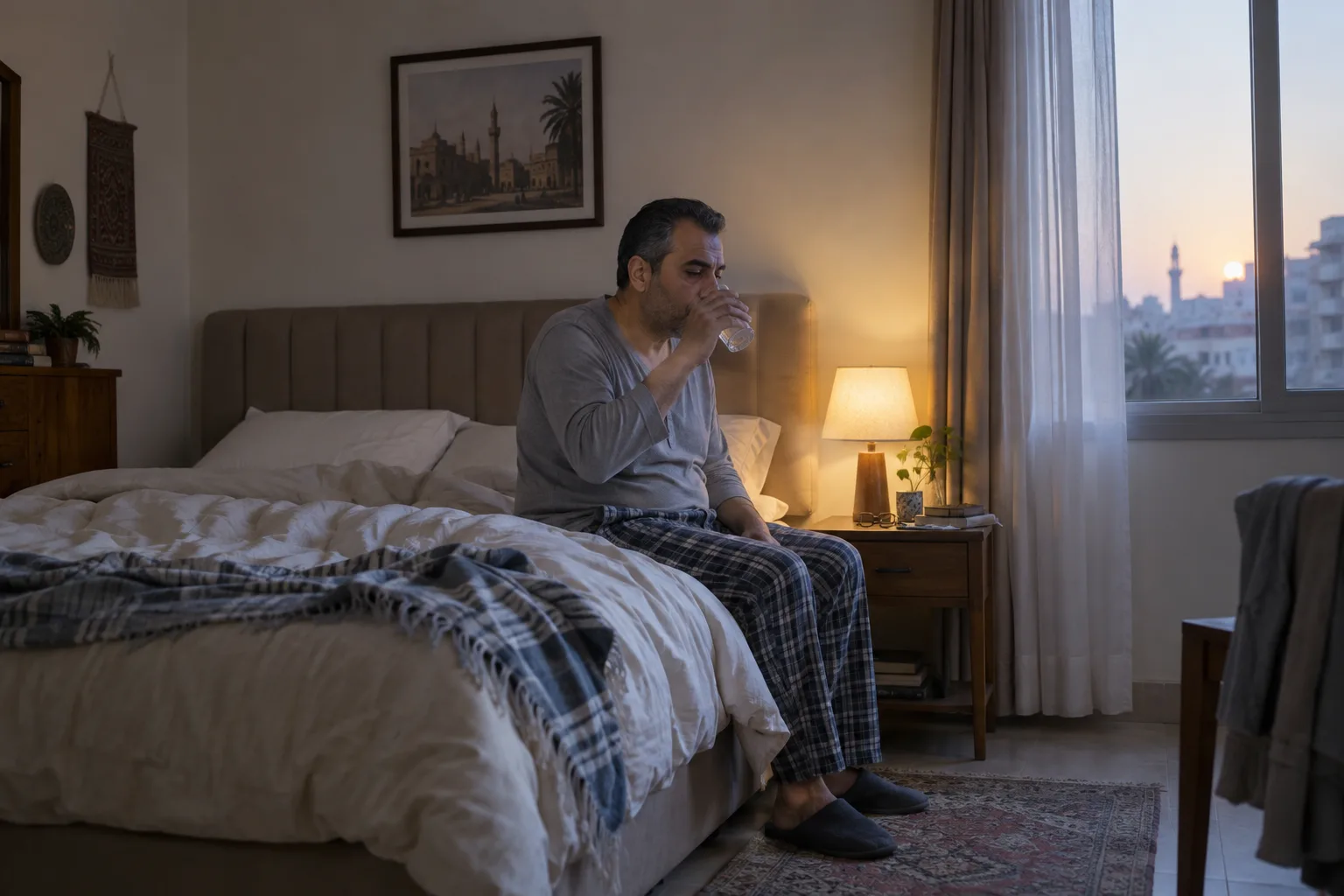 رجل يشرب الماء بعد الاستيقاظ مع جفاف الفم في غرفة نوم هادئة