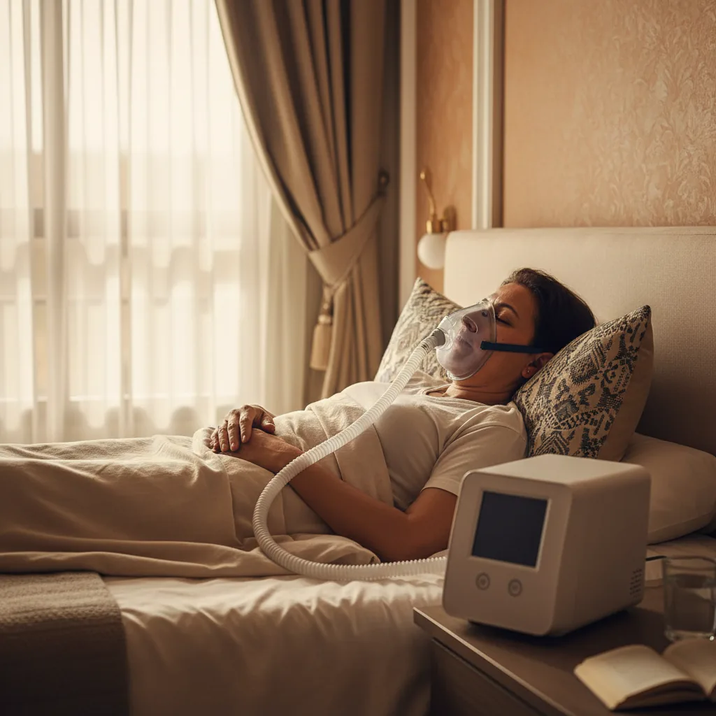 ماسك CPAP بجوار جهاز التنفس مع توضيح موضع الوسادة والأربطة