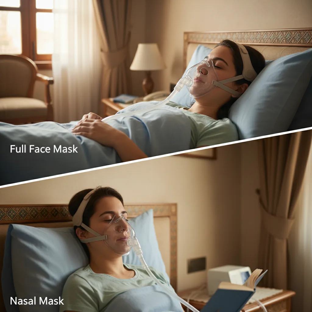 ماسك CPAP بجوار جهاز التنفس مع توضيح موضع الوسادة والأربطة