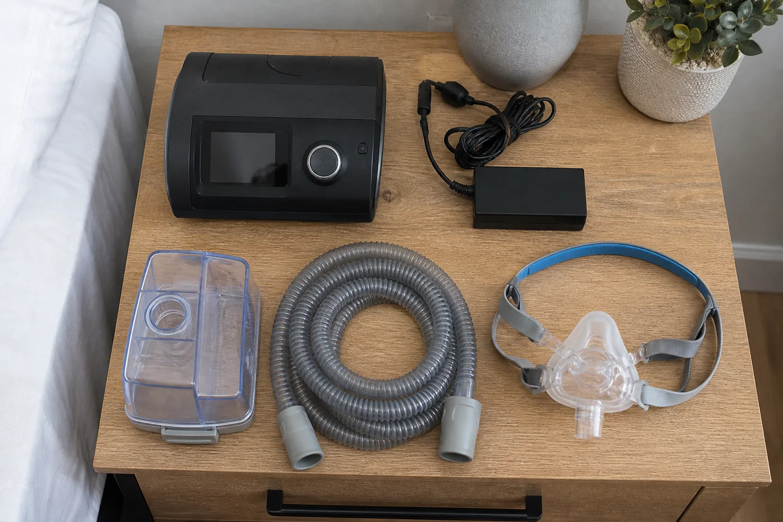 مكونات جهاز CPAP مرتبة على طاولة قبل التركيب