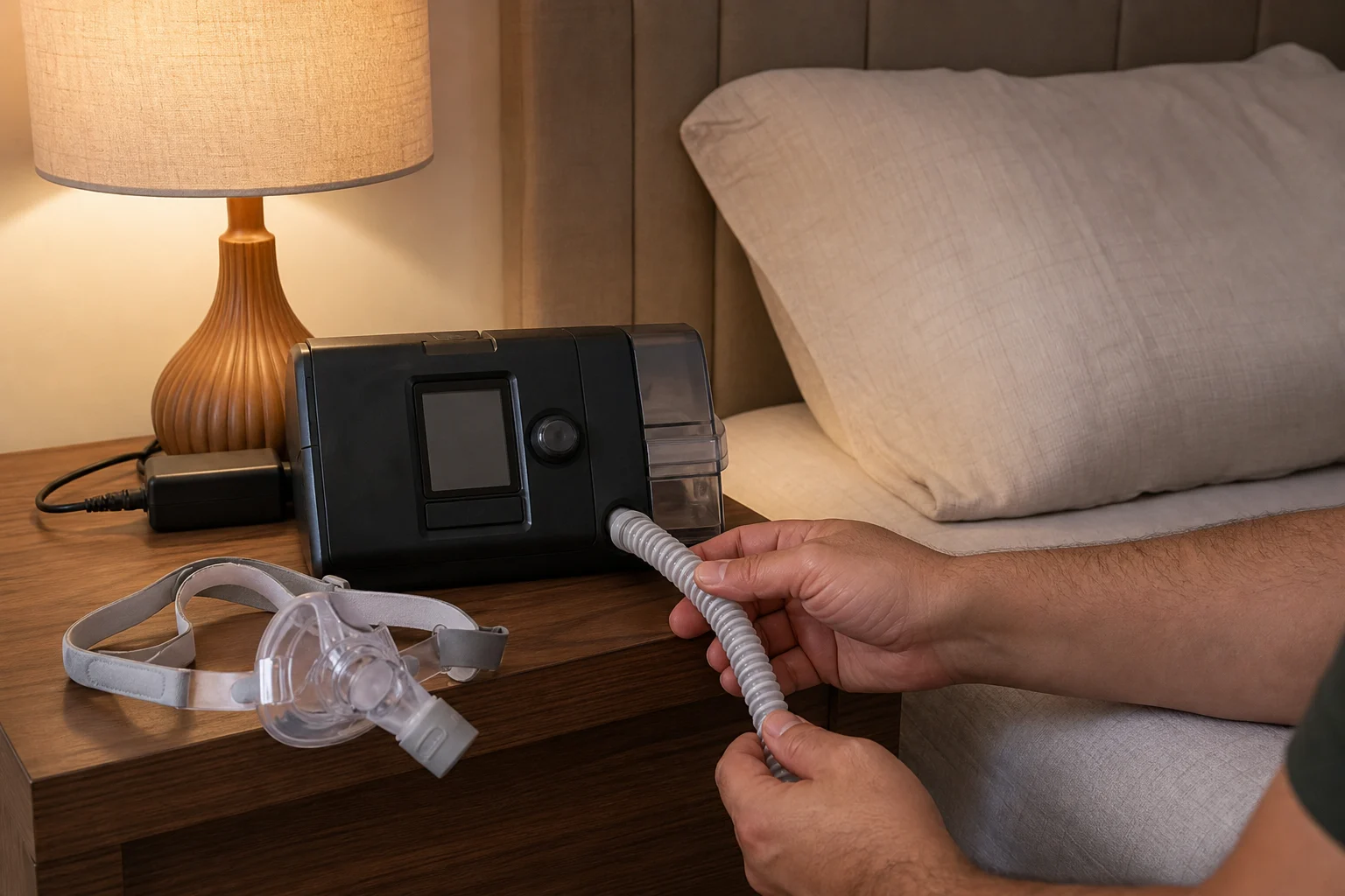 توصيل خرطوم جهاز CPAP بجوار السرير قبل الاستخدام