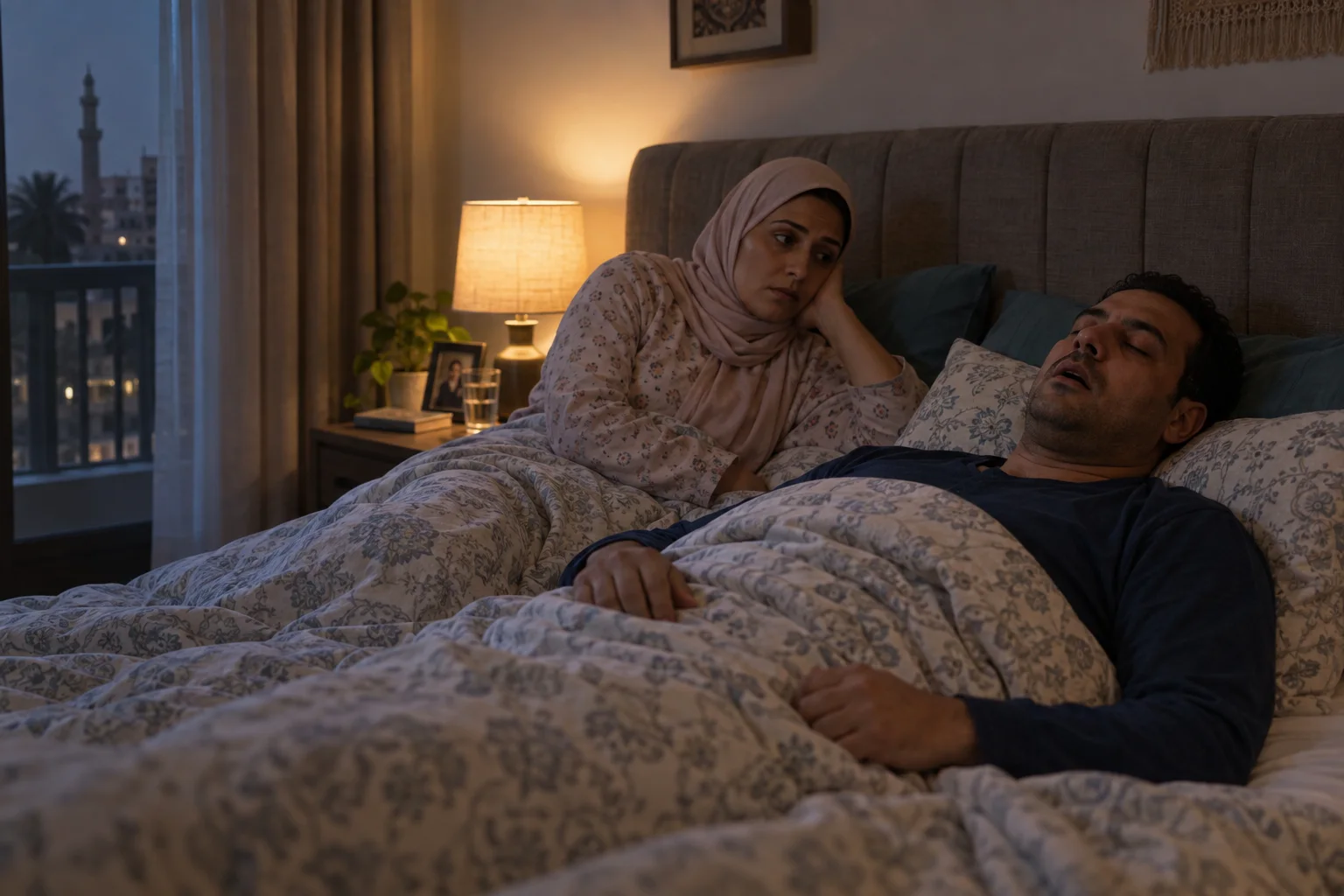 زوجة تلاحظ تنفس زوجها أثناء النوم في غرفة هادئة