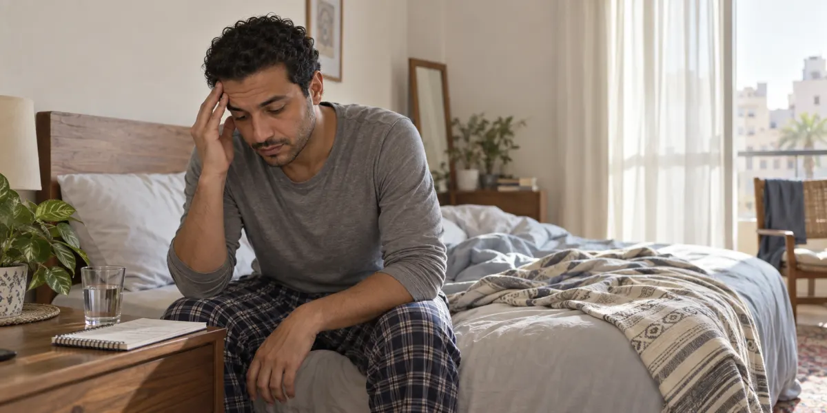 شخص استيقظ من النوم يدوّن ملاحظات عن الصداع بجوار سريره