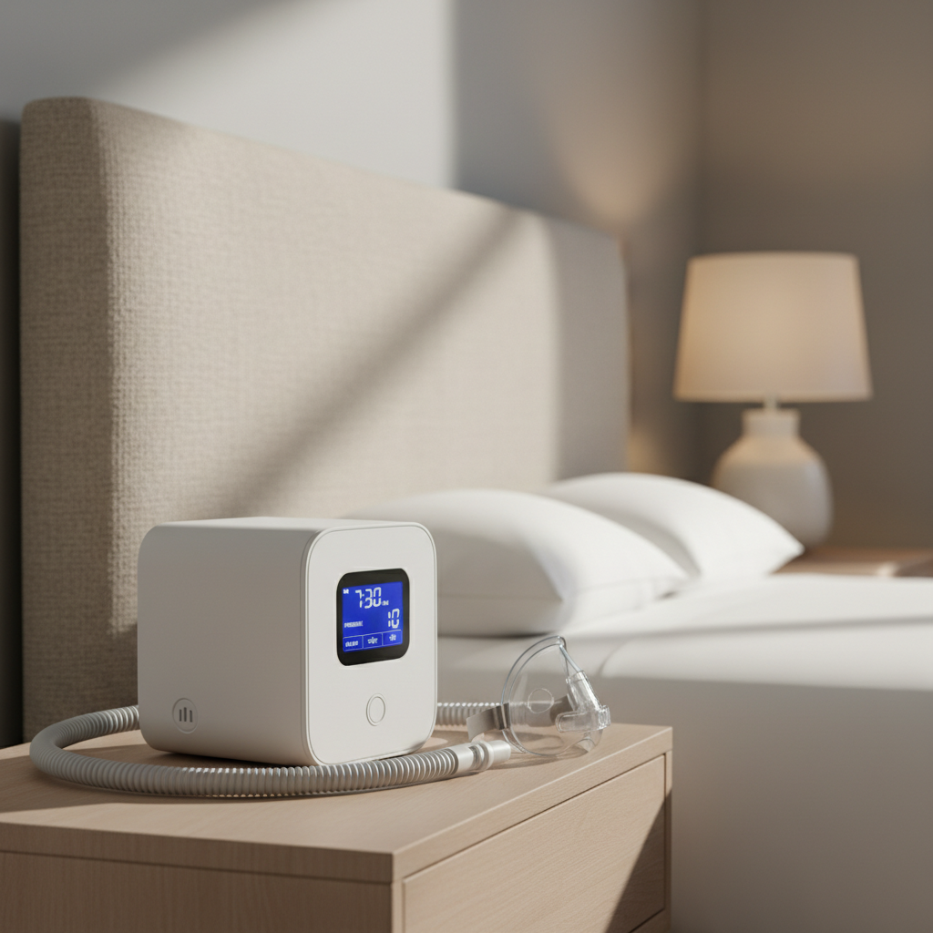 جهاز CPAP حديث مع قناع أنفي وأنابيب على منضدة بجانب السرير في غرفة نوم هادئة.