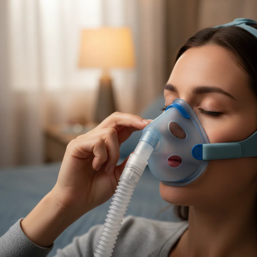 جهاز CPAP أو BiPAP بجوار السرير مع الخرطوم والماسك جاهزين للاستخدام مع تفاصيل الاستخدام العملي