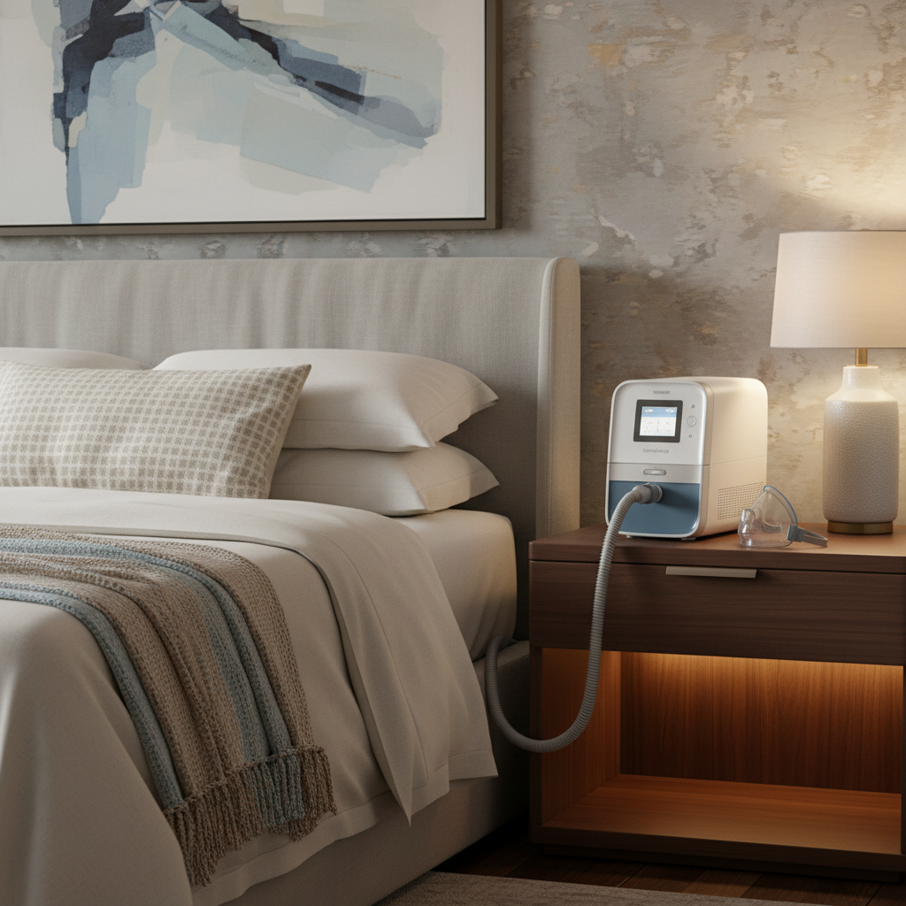 جهاز Philips Respironics CPAP حديث مع مرطب على منضدة بجانب سرير مريح