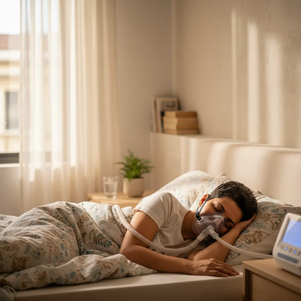 جهاز CPAP أو BiPAP بجوار السرير مع الخرطوم والماسك جاهزين للاستخدام