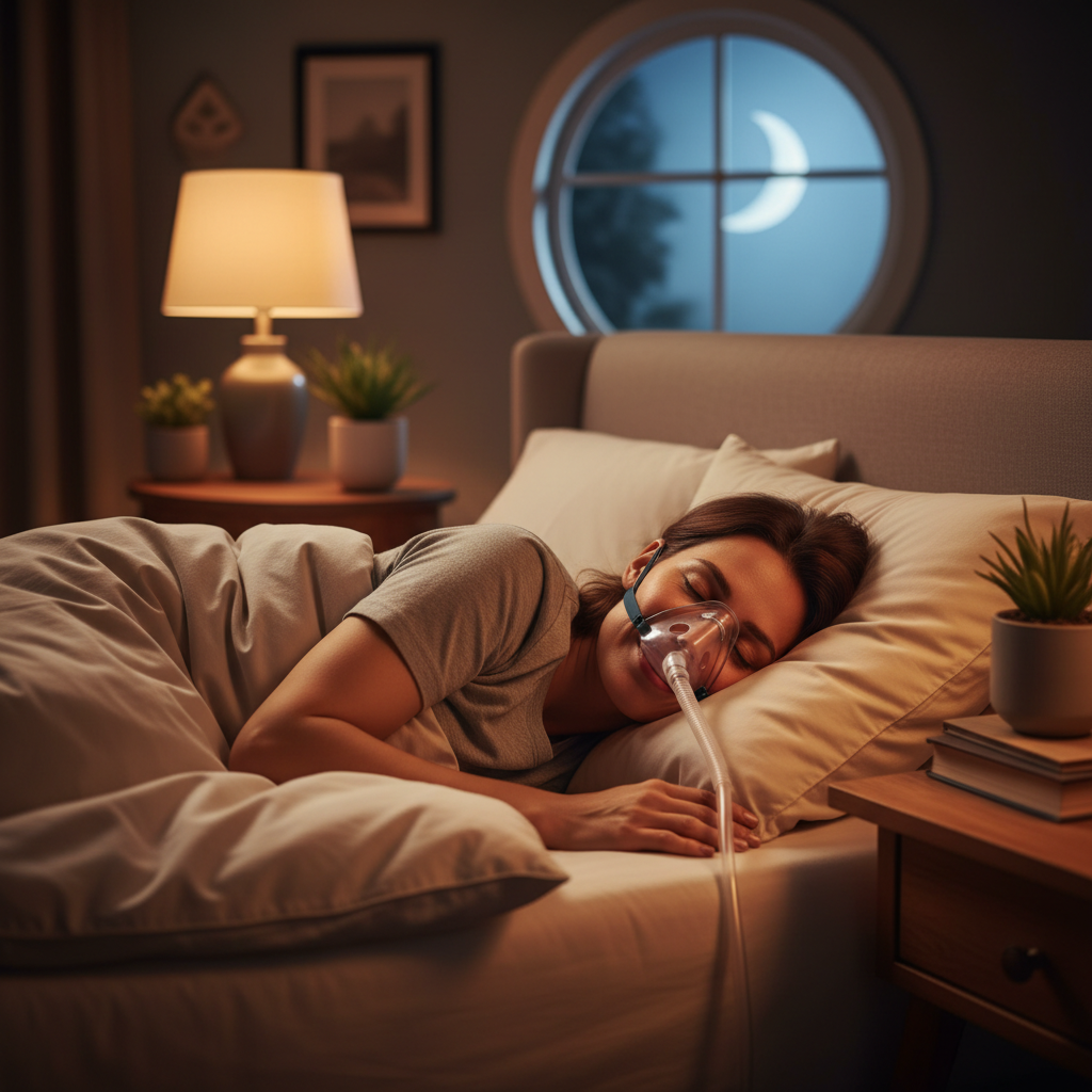 شخص ينام بهدوء مرتدياً قناع CPAP في غرفة نوم هادئة