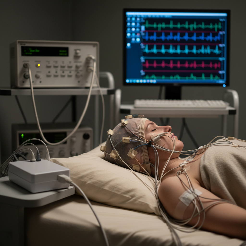 إعداد جهاز تخطيط النوم (Polysomnography) مع أجهزة استشعار متصلة بشخص.