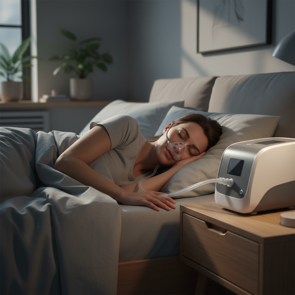 شخص نائم بهدوء في سريره مع جهاز CPAP على المنضدة الليلية.