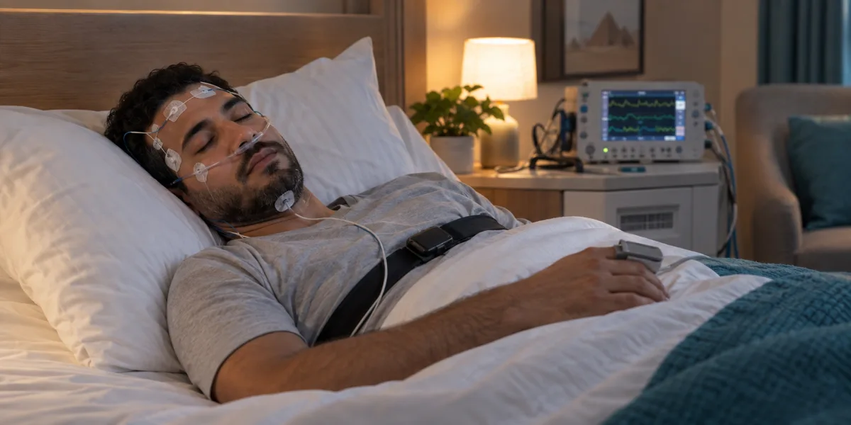 شخص يخضع لاختبار النوم بحساسات التنفس والأكسجين في مركز نوم