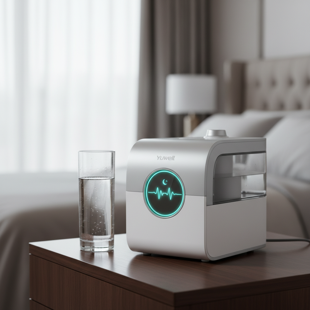 جهاز يويل CPAP حديث مع مرطب على منضدة بجانب السرير